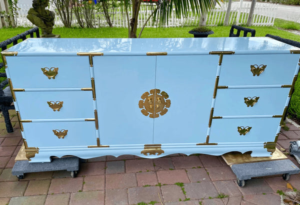 Vintage Korean Tansu Chinoiserie Style Credenza with Butterfly Hardware Available for Custom Lacquer - Hibiscus House