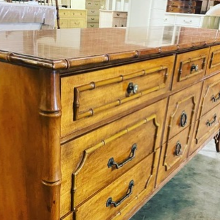 Vintage Dixie Furniture Nine Drawer Faux Bamboo Dresser with Fretwork Available for Custom Lacquer!