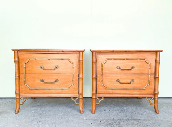 Vintage Dixie Furniture Two Drawer Faux Bamboo Nightstand Pair with Fretwork Available for Custom Lacquer!