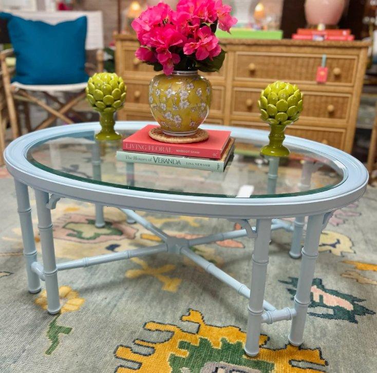 Vintage Faux Bamboo Coffee Table with Fretwork Detailing Available for Custom Lacquer Hibiscus House