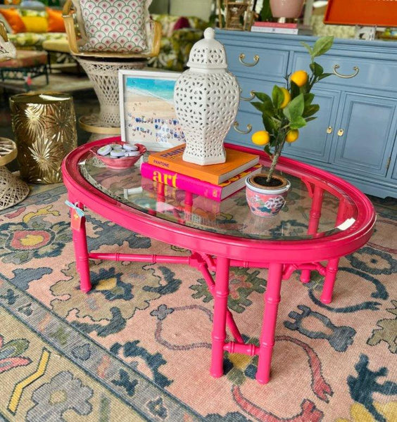 Vintage Faux Bamboo Coffee Table with Fretwork Detailing Available for Custom Lacquer - Hibiscus House