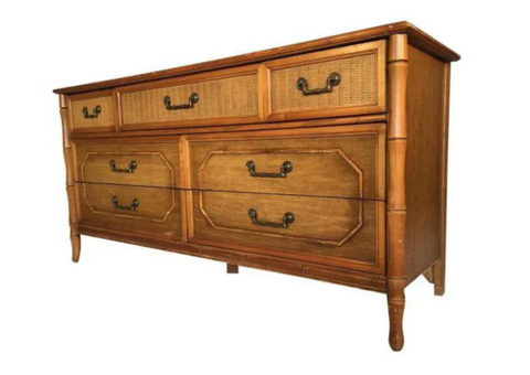 Vintage Broyhill Furniture Seven Drawer Faux Bamboo Dresser Available to Customize