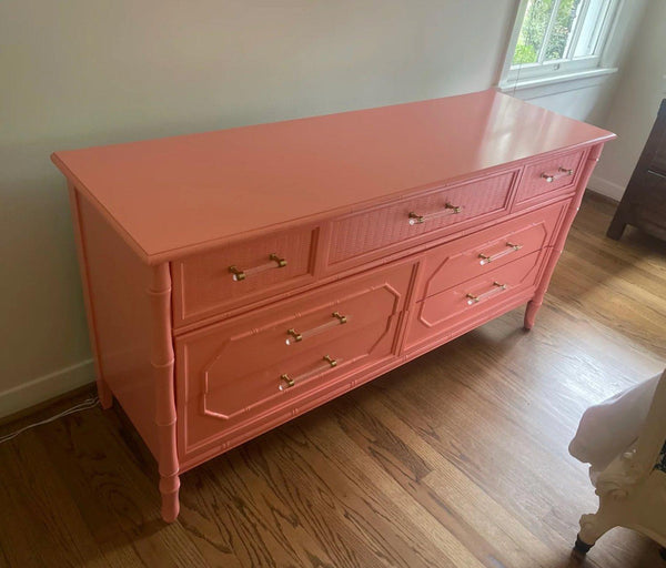 Vintage Broyhill Furniture Seven Drawer Faux Bamboo Dresser Available to Customize - Hibiscus House