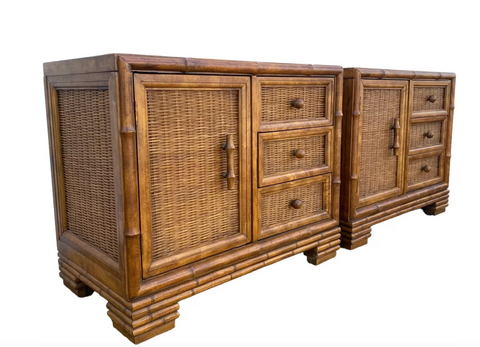 Vintage Pair of American of Martinsville Large Lacquered Faux Bamboo And Wicker Nightstands Available for Custom Lacquer