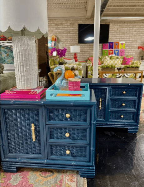 Vintage Pair of American of Martinsville Large Lacquered Faux Bamboo And Wicker Nightstands Available for Custom Lacquer - Hibiscus House