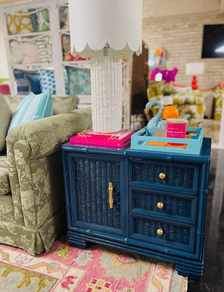 Vintage Pair of American of Martinsville Large Lacquered Faux Bamboo And Wicker Nightstands Available for Custom Lacquer - Hibiscus House