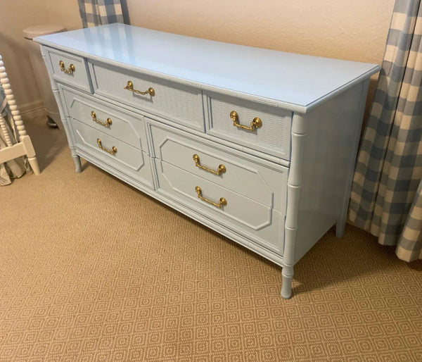 Vintage Broyhill Furniture Seven Drawer Faux Bamboo Dresser Available to Customize! - Hibiscus House