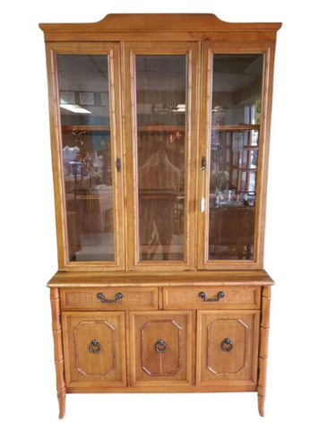 Fabulous Vintage Broyhill Faux Bamboo Two Piece China Cabinet Available for Lacquer - Hibiscus House