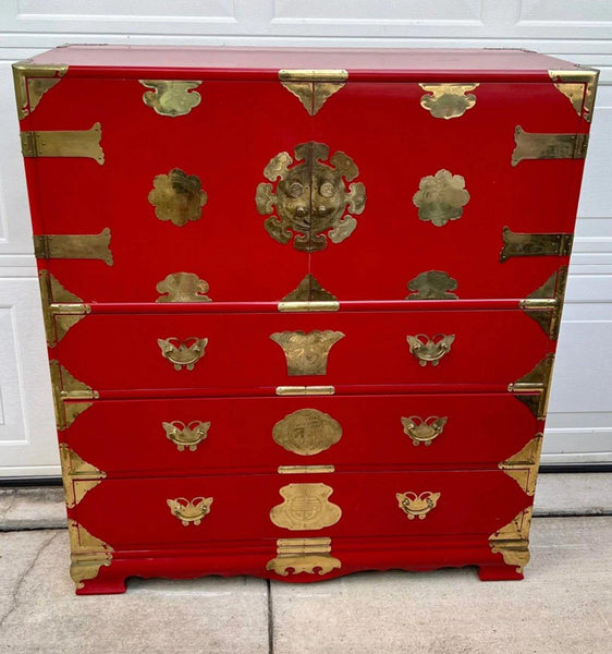 Vintage Korean Tansu-Style Tallboy Armoire with Butterfly Hardware Available for Custom Lacquer! - Hibiscus House