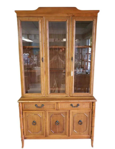 Vintage Broyhill Furniture Two Piece Faux Bamboo China Cabinet Available to Customize - Hibiscus House