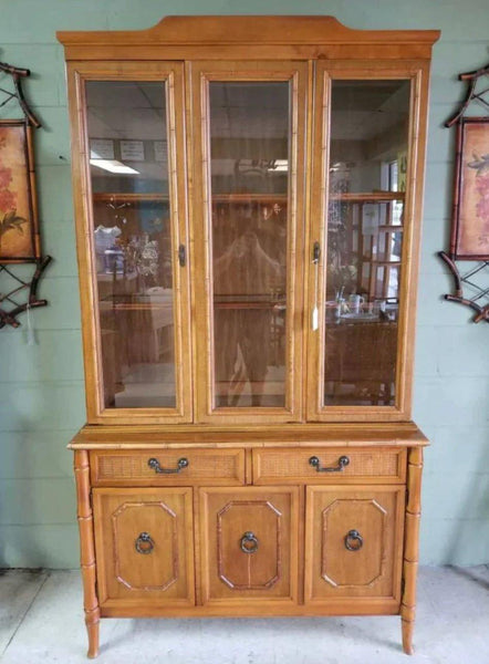 Vintage Broyhill Furniture Two Piece Faux Bamboo China Cabinet Available to Customize - Hibiscus House