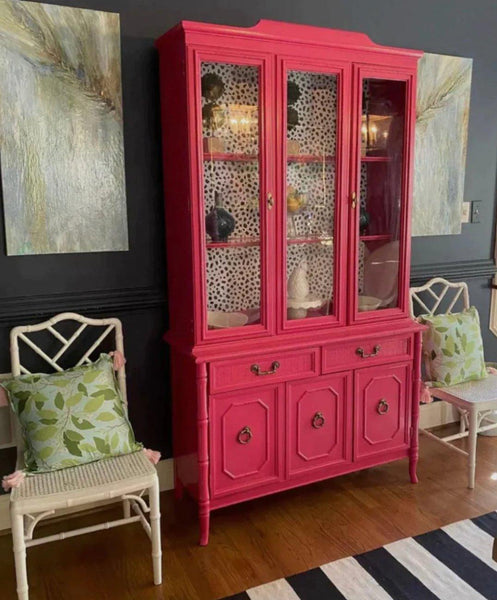 Vintage Broyhill Furniture Two Piece Faux Bamboo China Cabinet Available to Customize - Hibiscus House