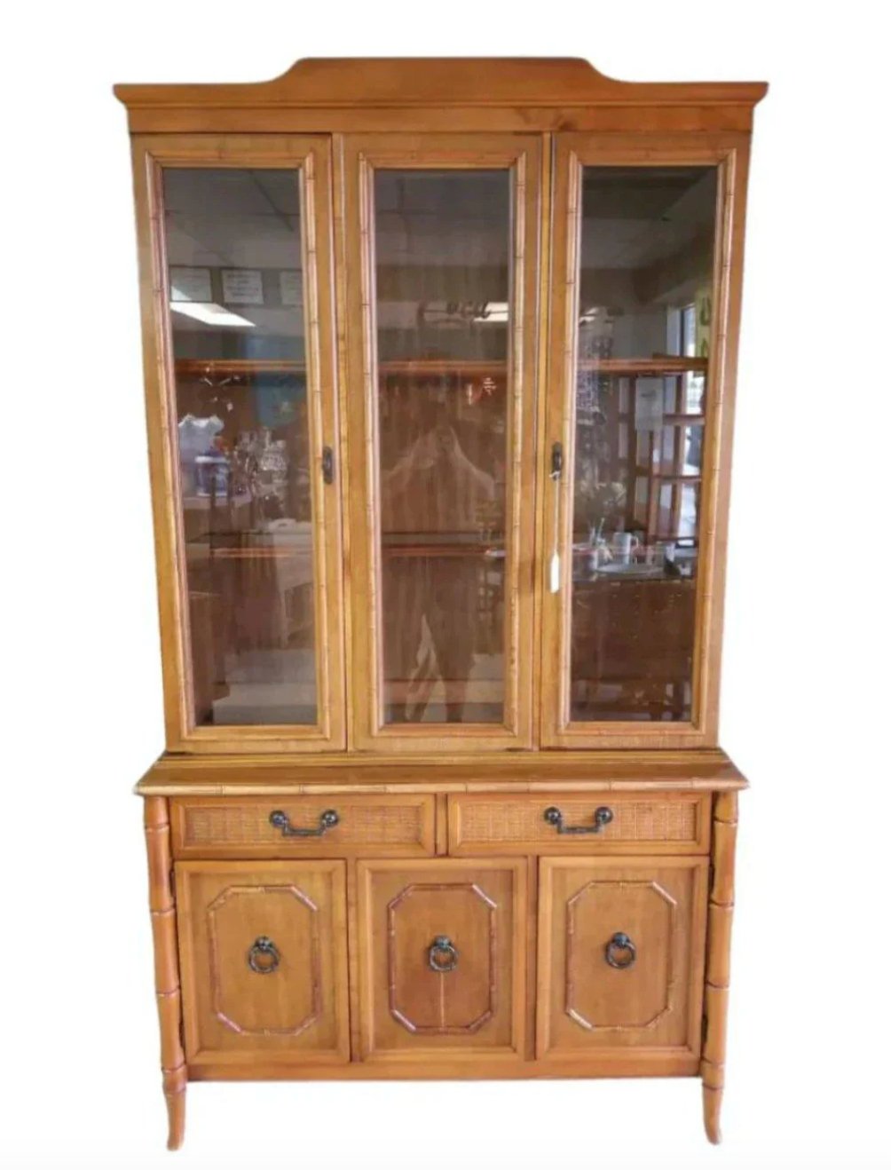 Vintage Broyhill Furniture Faux Bamboo Two-Piece China Cabinet Available to Customize