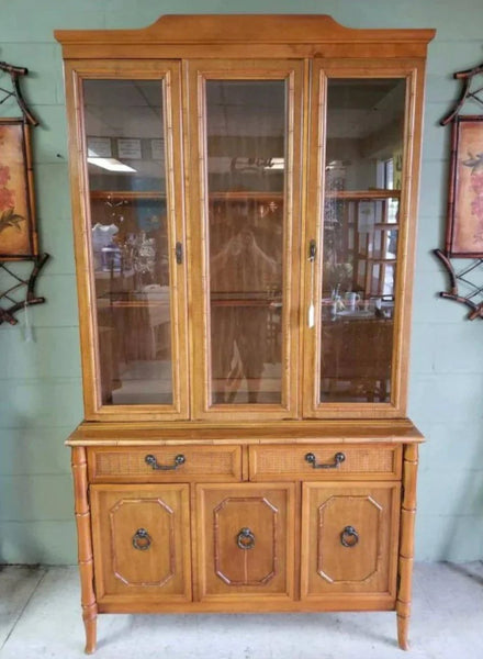 Vintage Broyhill Furniture Faux Bamboo Two-Piece China Cabinet Available to Customize