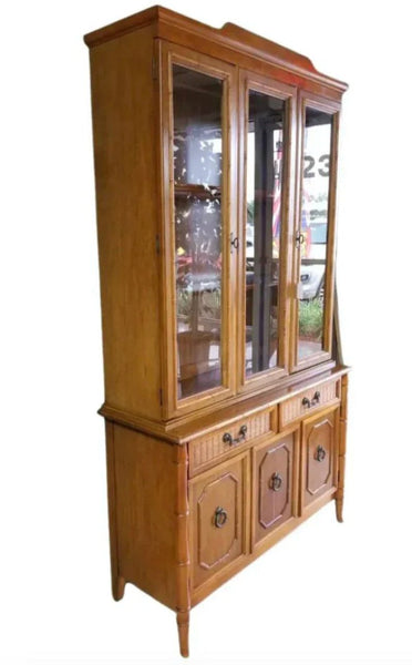 Vintage Broyhill Furniture Faux Bamboo Two-Piece China Cabinet Available to Customize