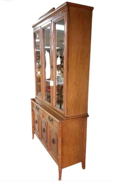 Vintage Broyhill Furniture Faux Bamboo Two-Piece China Cabinet Available to Customize