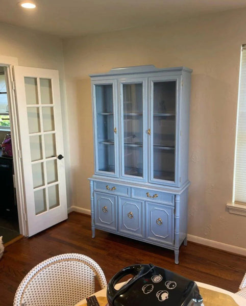 Vintage Broyhill Furniture Faux Bamboo Two-Piece China Cabinet Available to Customize