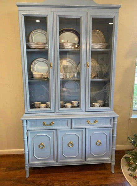 Vintage Broyhill Furniture Faux Bamboo Two-Piece China Cabinet Available to Customize