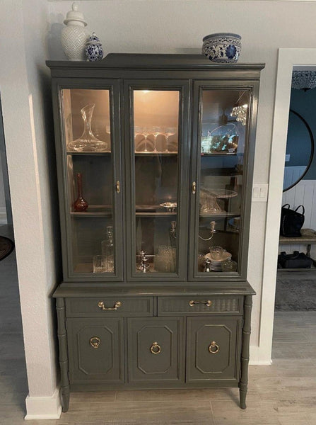 Vintage Broyhill Furniture Faux Bamboo Two-Piece China Cabinet Available to Customize