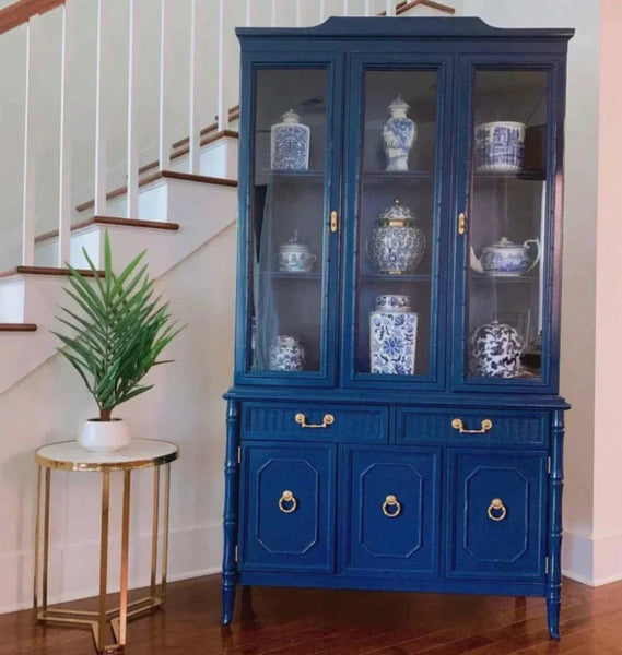 Vintage Broyhill Furniture Faux Bamboo Two-Piece China Cabinet Available to Customize