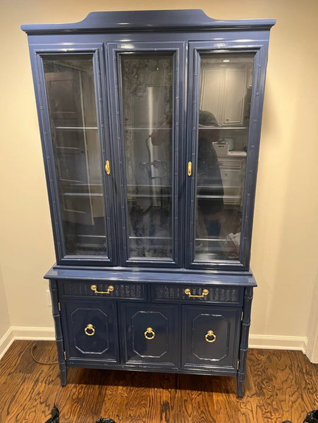 Vintage Broyhill Furniture Faux Bamboo Two-Piece China Cabinet Available to Customize