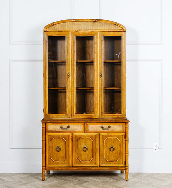 Vintage Broyhill Furniture Faux Bamboo Two Piece Arched China Cabinet Available to Customize!