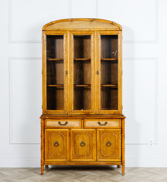 Vintage Broyhill Furniture Faux Bamboo Two Piece Arched China Cabinet Available to Customize!