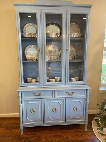 Vintage Broyhill Furniture Faux Bamboo Two Piece Arched China Cabinet Available to Customize!