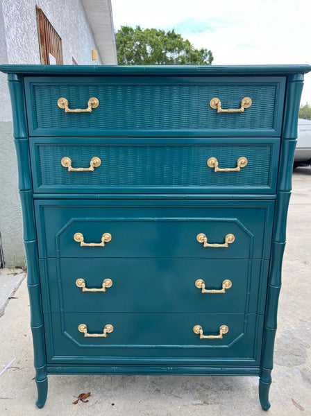 Vintage Faux Bamboo Broyhill Furniture Five Drawer Tallboy Available to Customize!