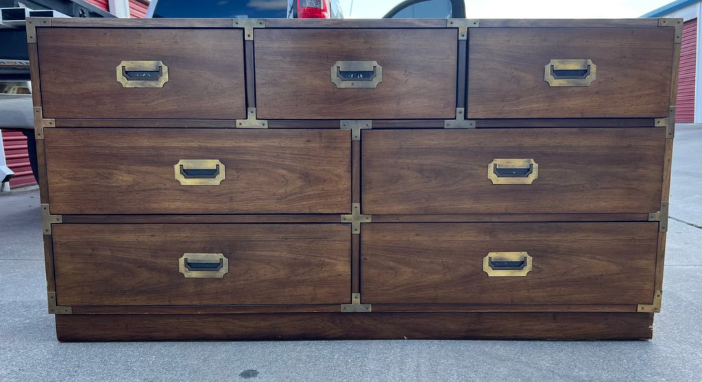 campaign style dresser Vintage Bernhardt Furniture Campaign Style Seven Drawer Dresser Available to Customize! – Hibiscus House