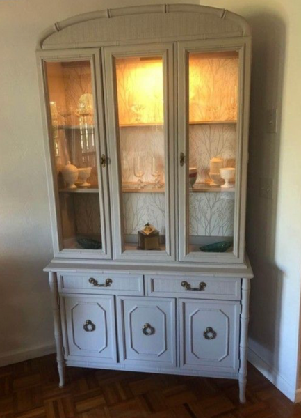 Vintage Broyhill Furniture Faux Bamboo Two Piece Arched China Cabinet Available to Customize!