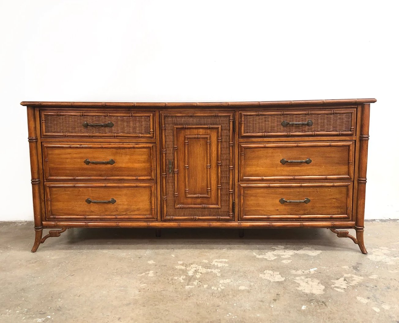 Vintage Stanley Furniture Faux Bamboo Credenza with Fretwork