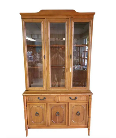 Vintage Broyhill Furniture Faux Bamboo Two-Piece China Cabinet Available for Custom Lacquer!