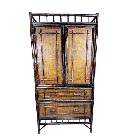 Vintage British Colonial Raffia Covered Faux Bamboo Tortoise Armoire Cabinet Ready to Ship