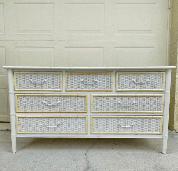 Vintage Dixie Furniture Wicker Front Faux Bamboo Dresser Available for Custom Lacquer!