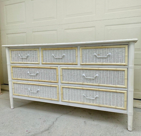 Vintage Dixie Furniture Wicker Front Faux Bamboo Dresser Available for Custom Lacquer!