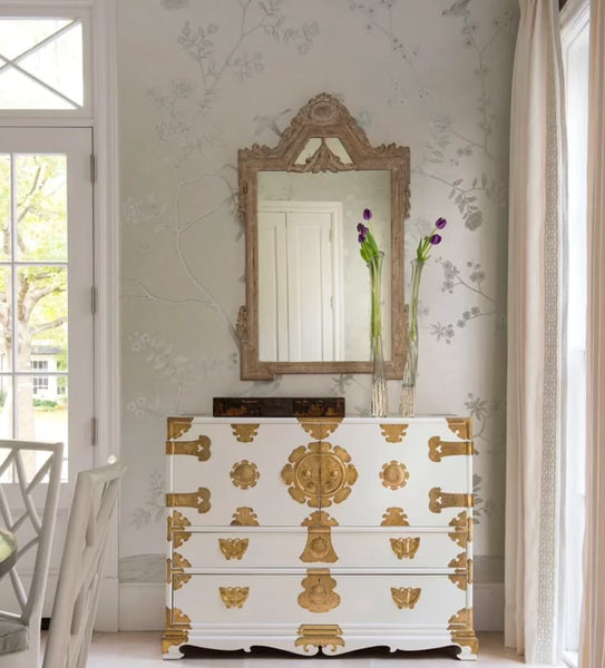 Vintage Tansu-Style Lingerie Chest with Unique Butterfly Hardware Available for Custom Lacquer