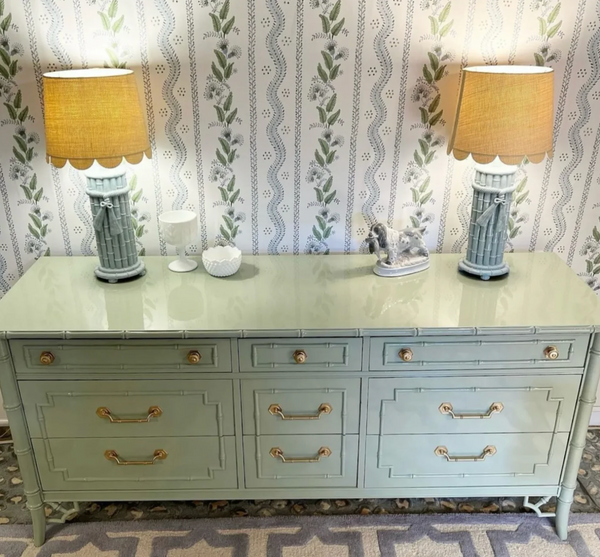 Vintage Thomasville Allegro Nine Drawer Faux Bamboo Triple Dresser for Custom Lacquer