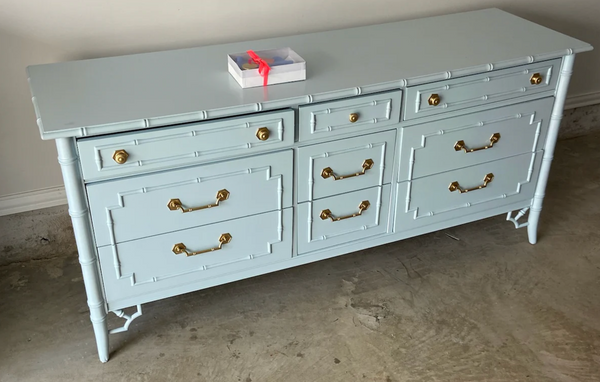 Vintage Thomasville Allegro Nine Drawer Faux Bamboo Triple Dresser for Custom Lacquer