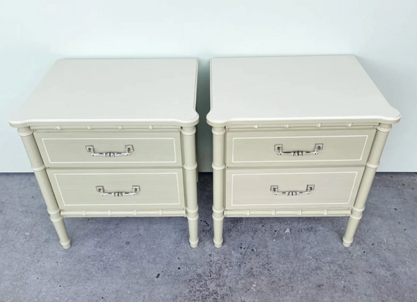 Classic Pair of Vintage Faux Bamboo Two-Drawer Nightstand Pair Available for Custom Lacquer!
