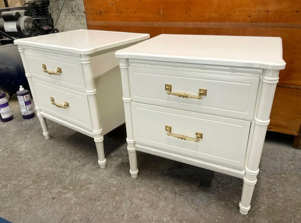 Classic Pair of Vintage Faux Bamboo Two-Drawer Nightstand Pair Available for Custom Lacquer!