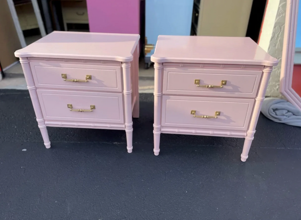 Classic Pair of Vintage Faux Bamboo Two-Drawer Nightstand Pair Available for Custom Lacquer!