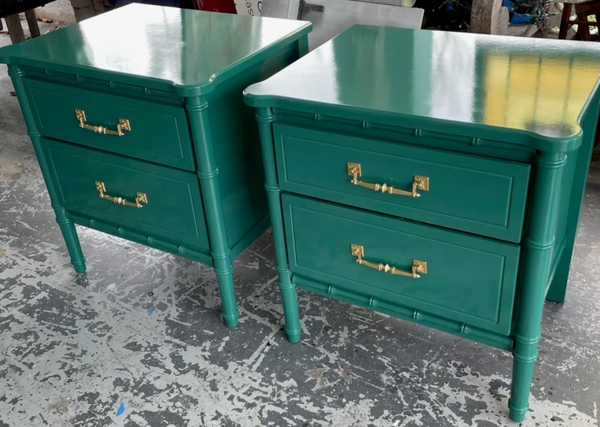 Classic Pair of Vintage Faux Bamboo Two-Drawer Nightstand Pair Available for Custom Lacquer!