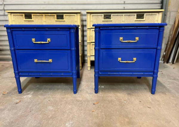 Classic Pair of Vintage Faux Bamboo Two-Drawer Nightstand Pair Available for Custom Lacquer!