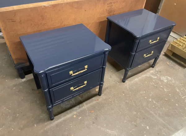 Classic Pair of Vintage Faux Bamboo Two-Drawer Nightstand Pair Available for Custom Lacquer!