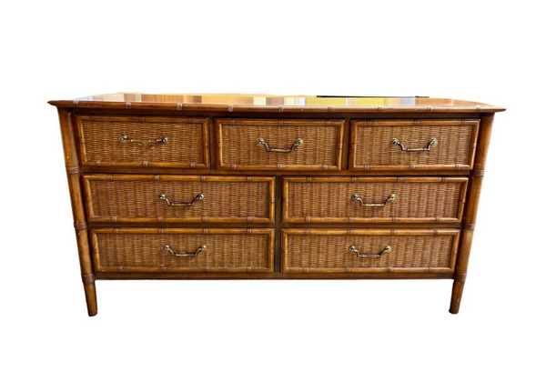 Vintage Henry Link Faux Bamboo and Wicker Front Seven-Drawer Dresser Available for Custom Lacquer!