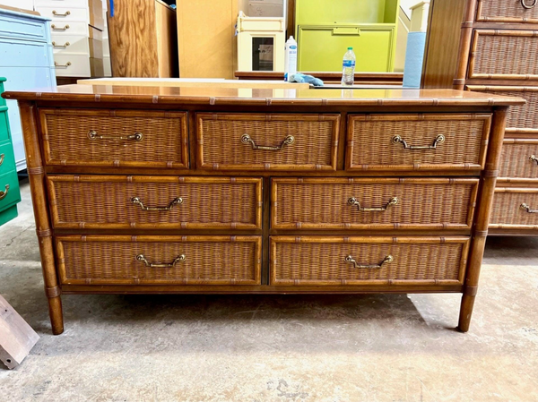 Vintage Henry Link Faux Bamboo and Wicker Front Seven-Drawer Dresser Available for Custom Lacquer!