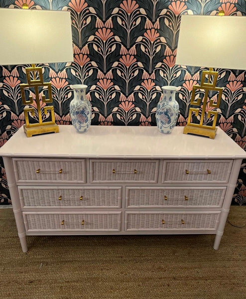 Vintage Henry Link Faux Bamboo and Wicker Front Seven-Drawer Dresser Available for Custom Lacquer!