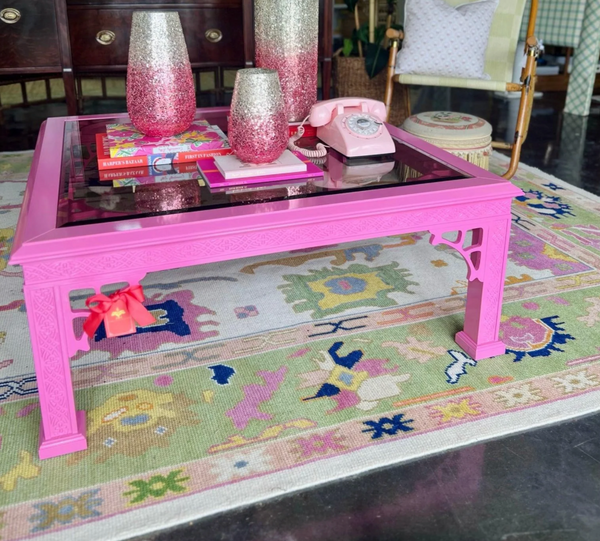 Vintage Caned Top Coffee Table with Inlaid Glass & Gold Trim Available for Custom Lacquer!