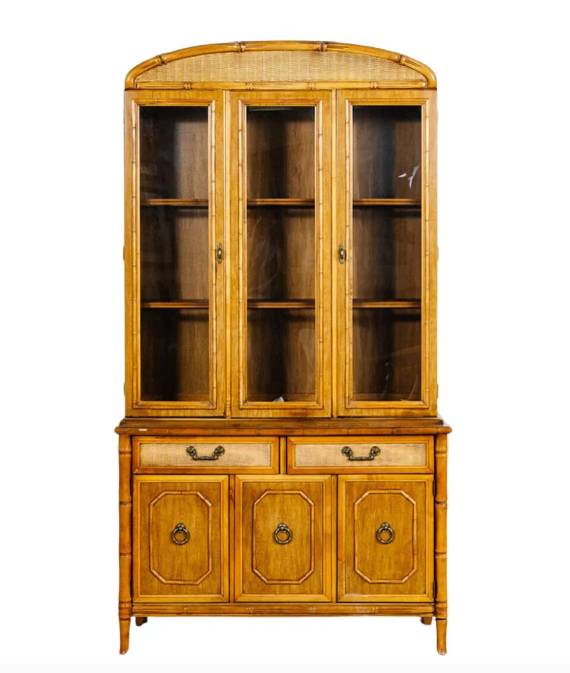 Vintage Broyhill Furniture Faux Bamboo Two-Piece Arched Top China Cabinet Available to Customize!